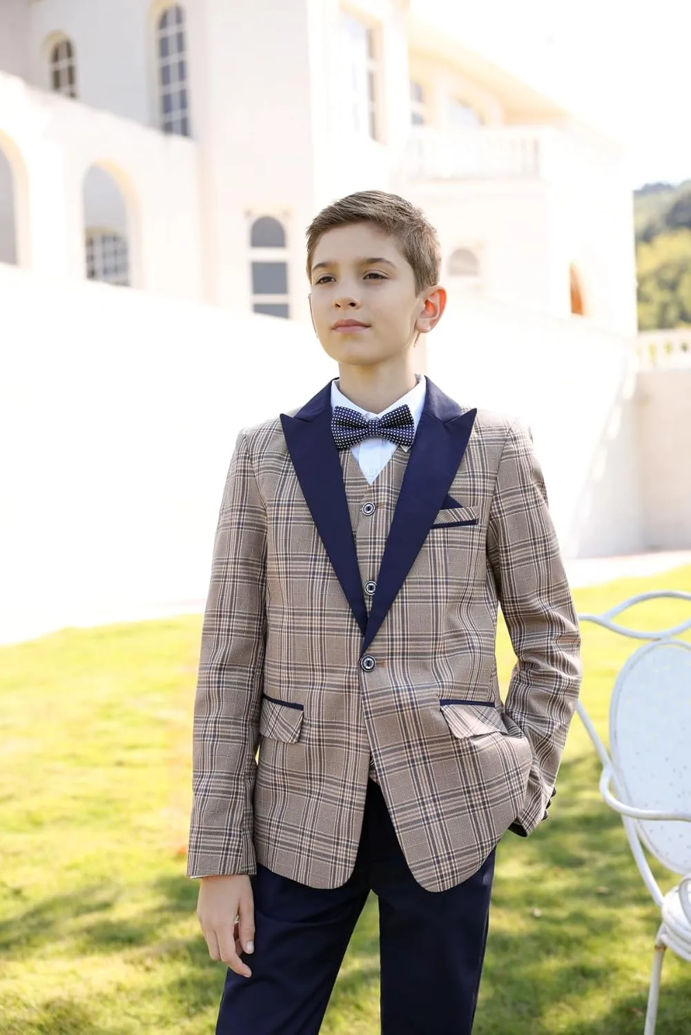 SWOTGdoby Boys Suits 3 Piece Slim Fit Check Plaid Kids Tuxedo Suits for Boys Formal Dress Blazer Jacket Pants Vest Wedding