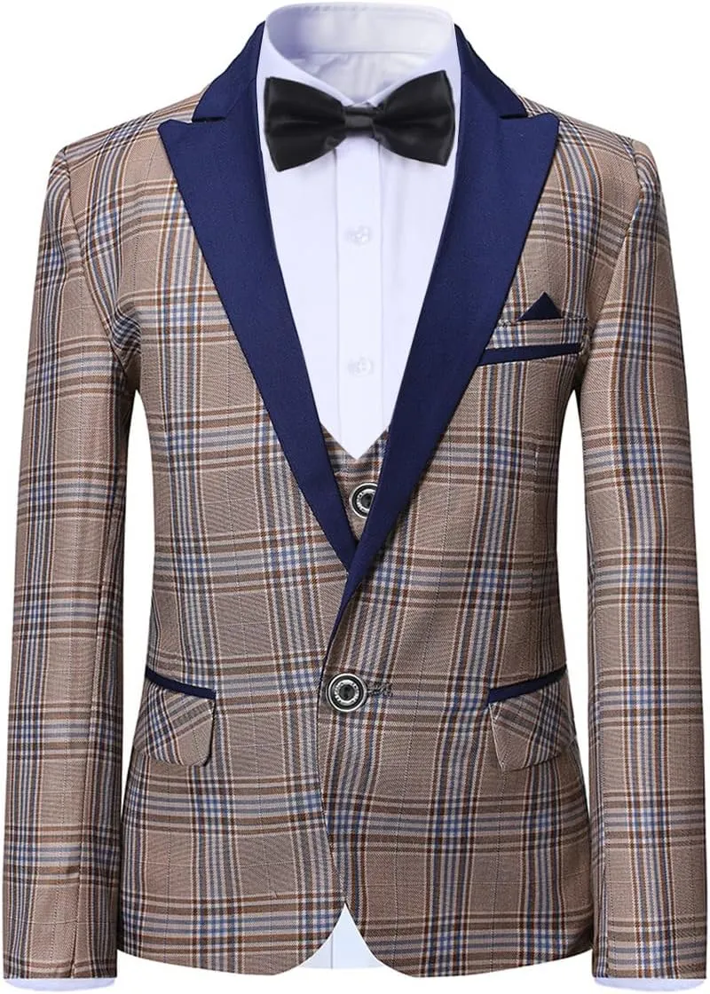 SWOTGdoby Boys Suits 3 Piece Slim Fit Check Plaid Kids Tuxedo Suits for Boys Formal Dress Blazer Jacket Pants Vest Wedding