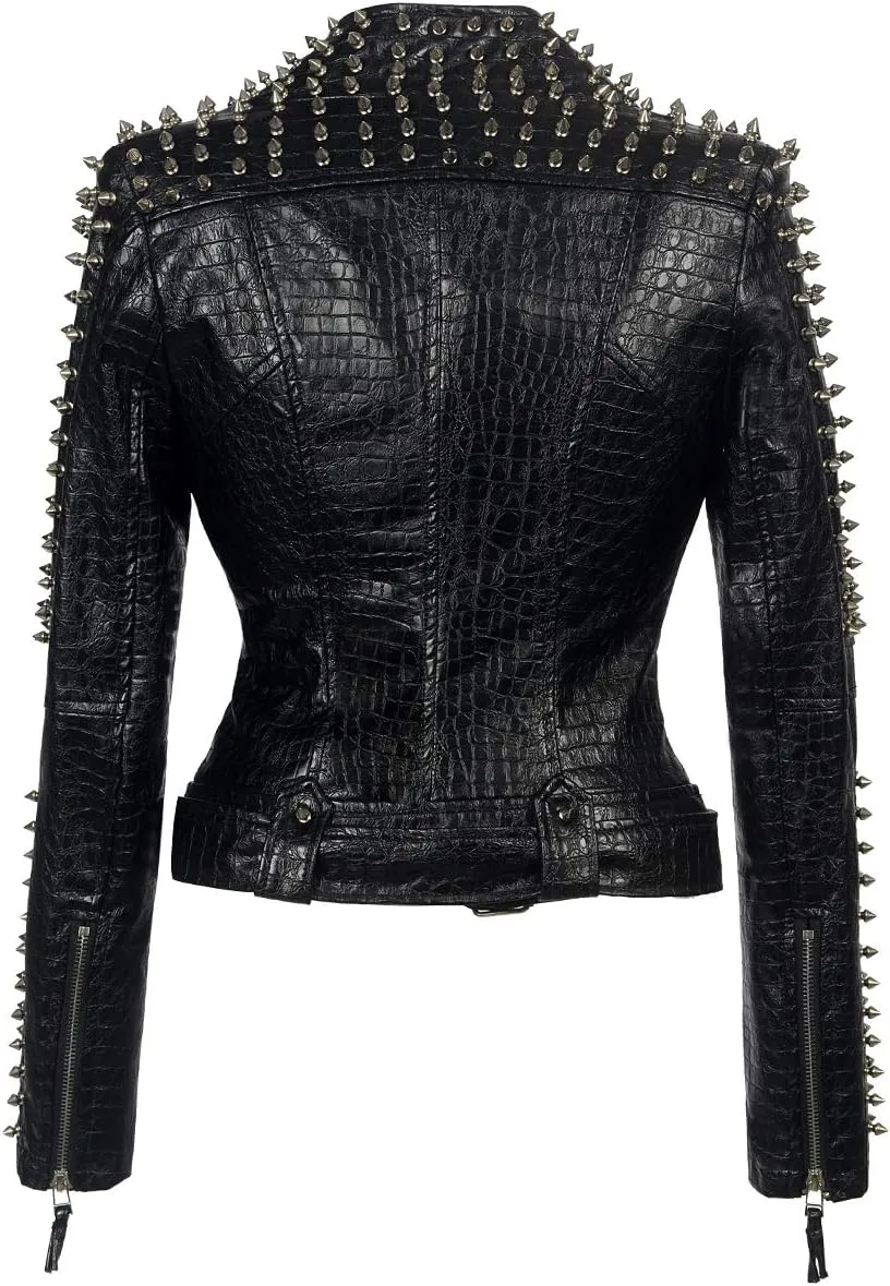 SX Women Punk Faux Leather PU Black Jacket Studded Rivet Fashion Streetwear Motorcycle Coat