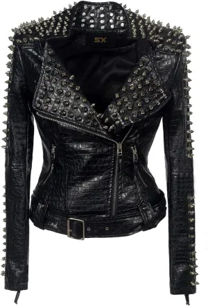 SX Women Punk Faux Leather PU Black Jacket Studded Rivet Fashion Streetwear Motorcycle Coat