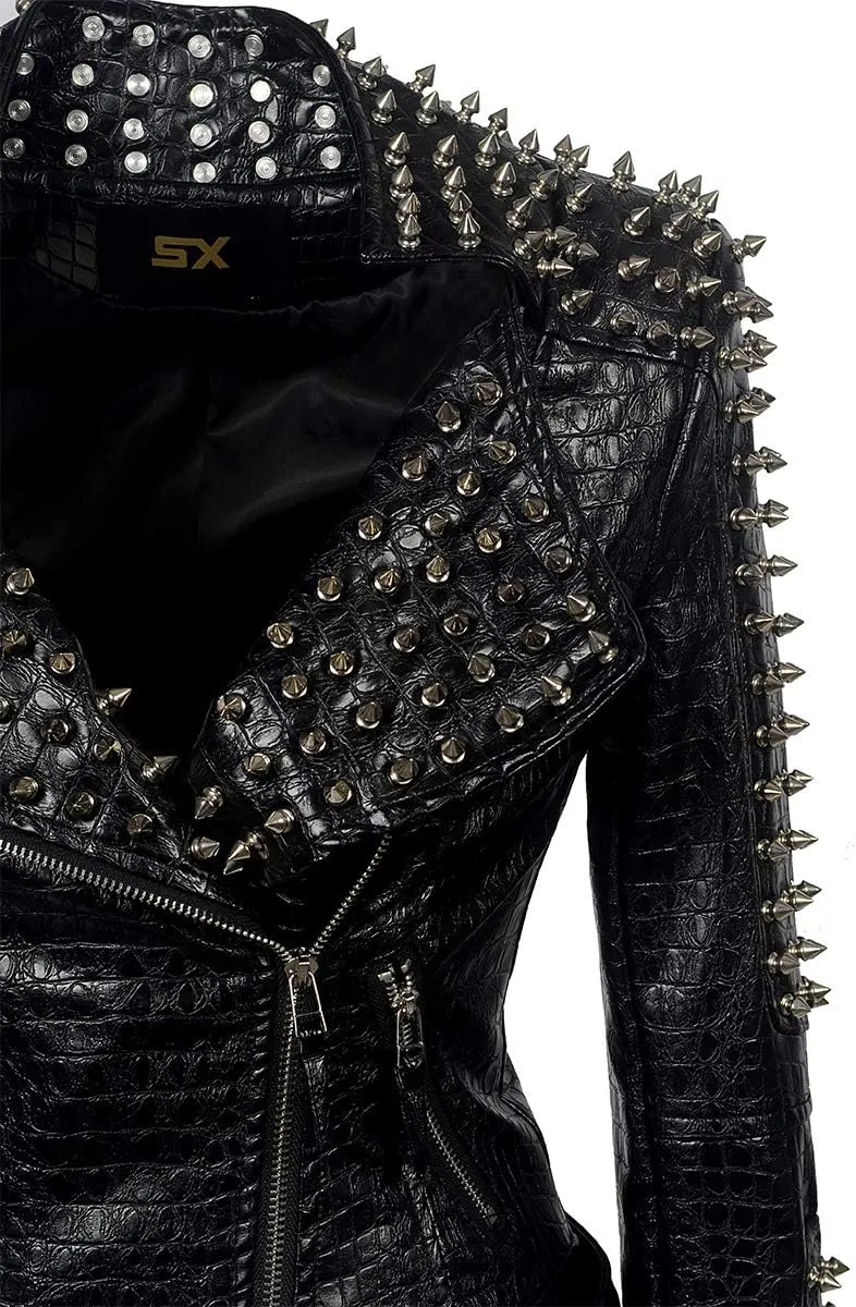 SX Women Punk Faux Leather PU Black Jacket Studded Rivet Fashion Streetwear Motorcycle Coat