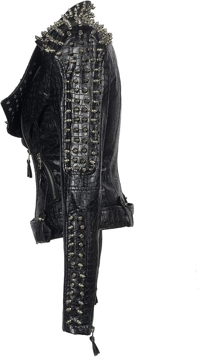 SX Women Punk Faux Leather PU Black Jacket Studded Rivet Fashion Streetwear Motorcycle Coat