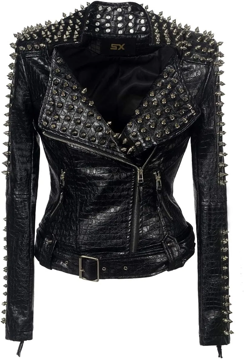 SX Women Punk Faux Leather PU Black Jacket Studded Rivet Fashion Streetwear Motorcycle Coat