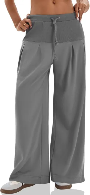 Tankaneo Womens Pleated Wide Leg Sweatpants Baggy Drawstring High Waisted Pants Casual Comfy Palazzo Lounge Pants
