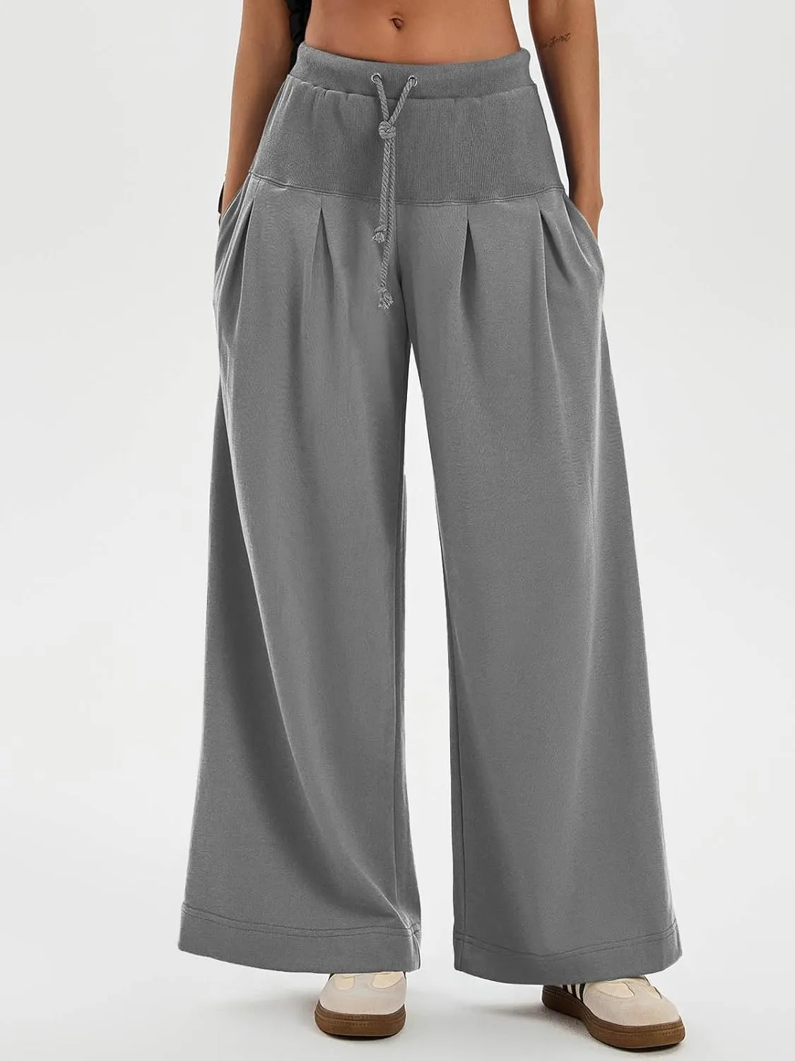 Tankaneo Womens Pleated Wide Leg Sweatpants Baggy Drawstring High Waisted Pants Casual Comfy Palazzo Lounge Pants
