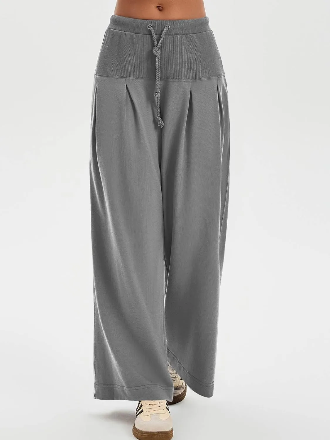 Tankaneo Womens Pleated Wide Leg Sweatpants Baggy Drawstring High Waisted Pants Casual Comfy Palazzo Lounge Pants
