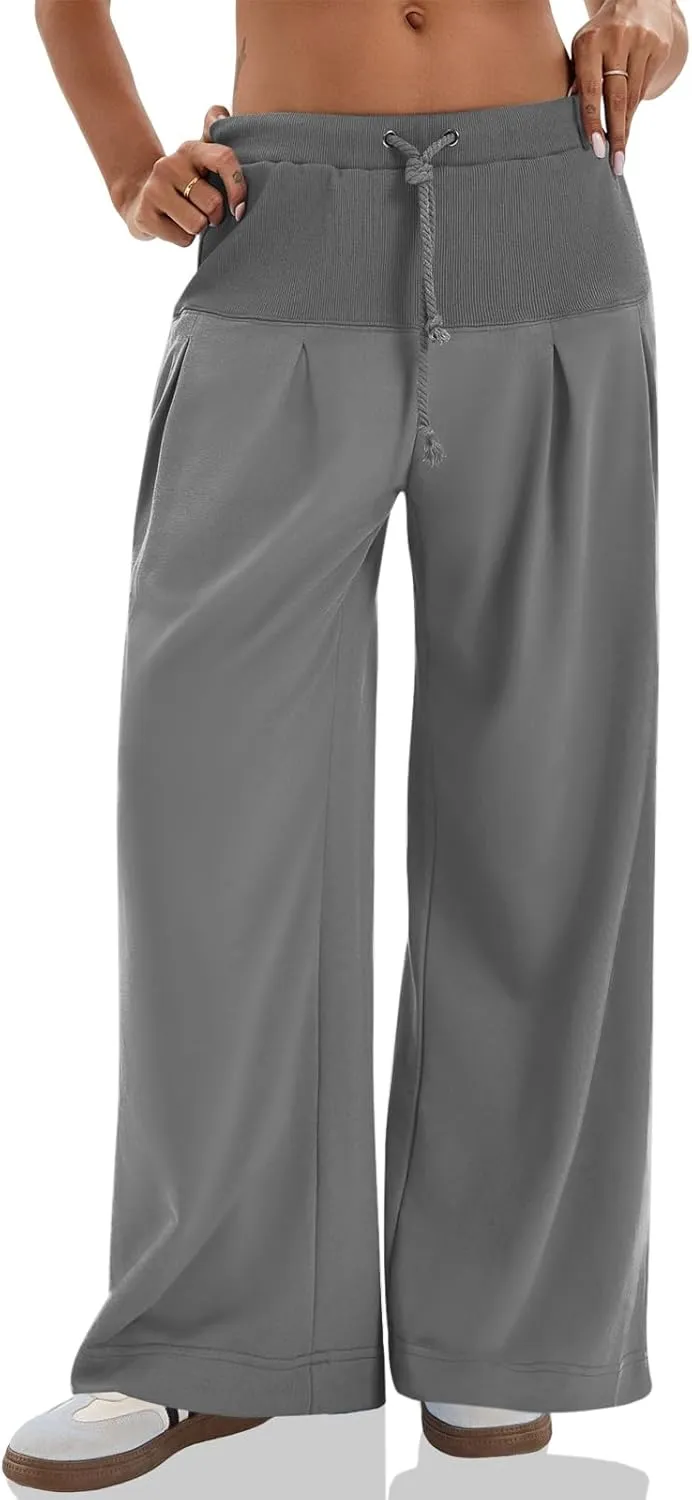 Tankaneo Womens Pleated Wide Leg Sweatpants Baggy Drawstring High Waisted Pants Casual Comfy Palazzo Lounge Pants