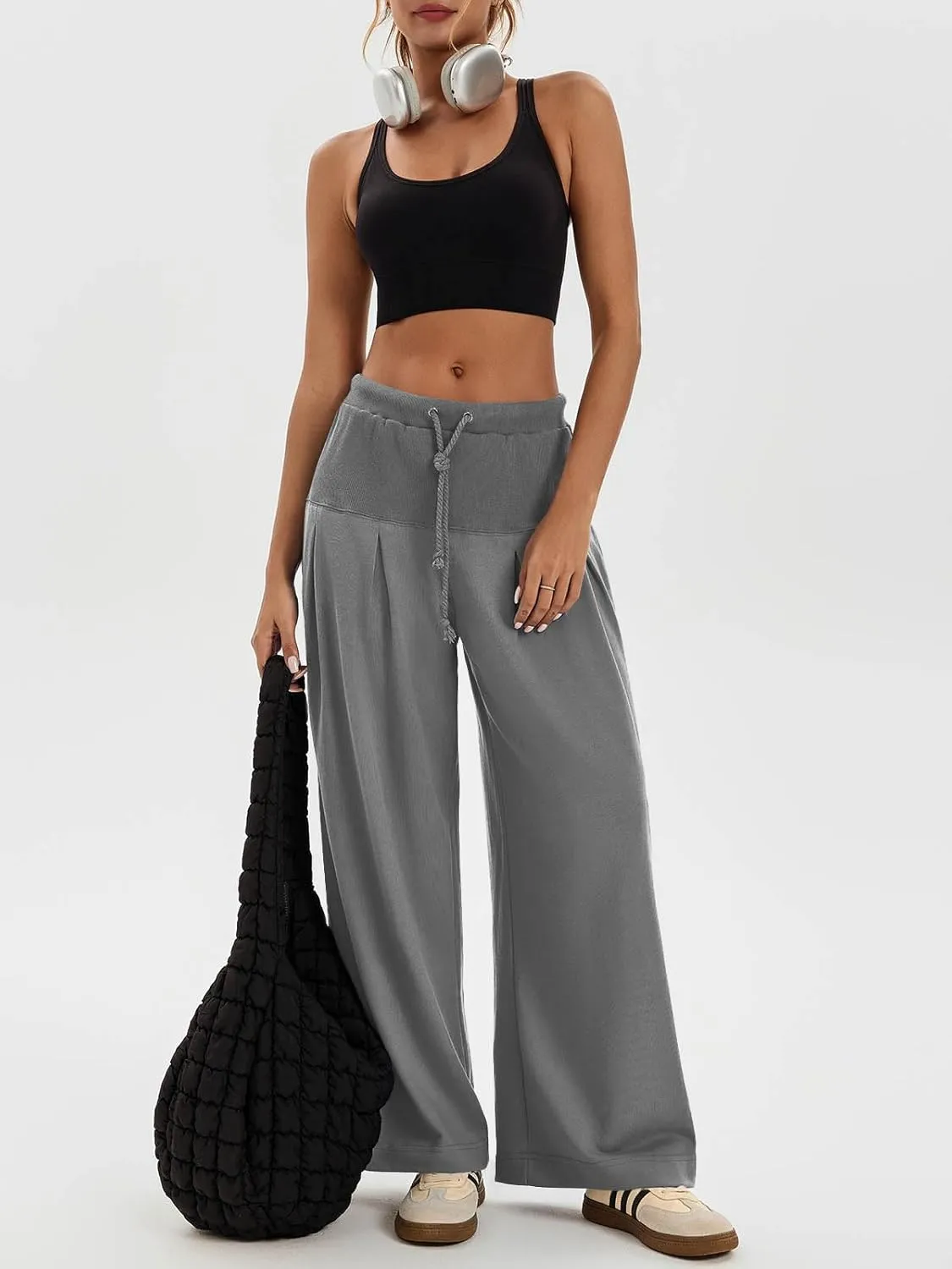 Tankaneo Womens Pleated Wide Leg Sweatpants Baggy Drawstring High Waisted Pants Casual Comfy Palazzo Lounge Pants