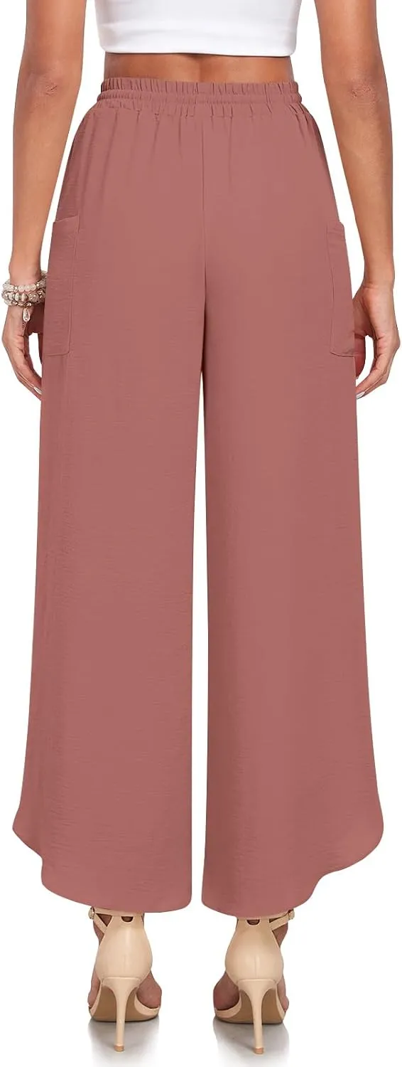 TAOHUADAO Womens Summer Wide Leg Pants with Pockets Side Split High Waisted Palazzo Pants Boho Beach Flowy Trousers