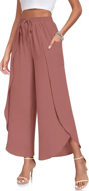 TAOHUADAO Womens Summer Wide Leg Pants with Pockets Side Split High Waisted Palazzo Pants Boho Beach Flowy Trousers