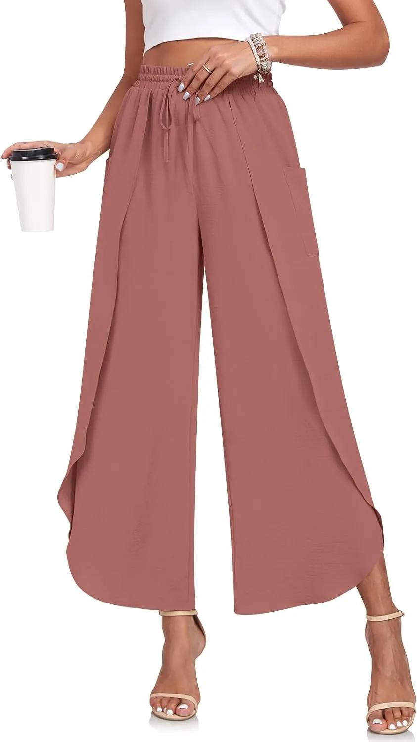 TAOHUADAO Womens Summer Wide Leg Pants with Pockets Side Split High Waisted Palazzo Pants Boho Beach Flowy Trousers