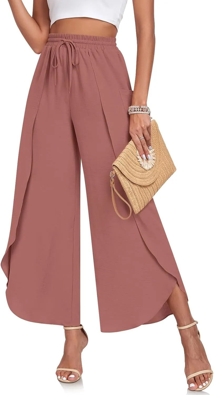 TAOHUADAO Womens Summer Wide Leg Pants with Pockets Side Split High Waisted Palazzo Pants Boho Beach Flowy Trousers