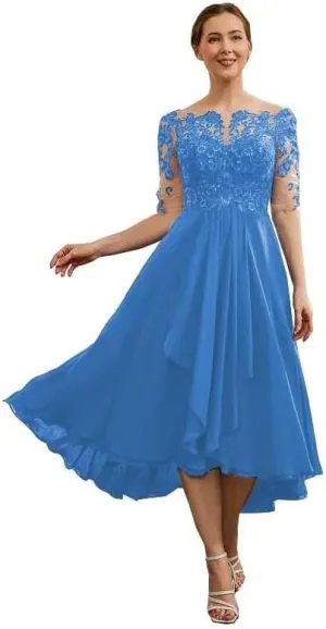 Tea Length Mother of The Bride Dresses for Wedding Lace Applique Half Sleeve Chiffon Formal Evening Party Gown