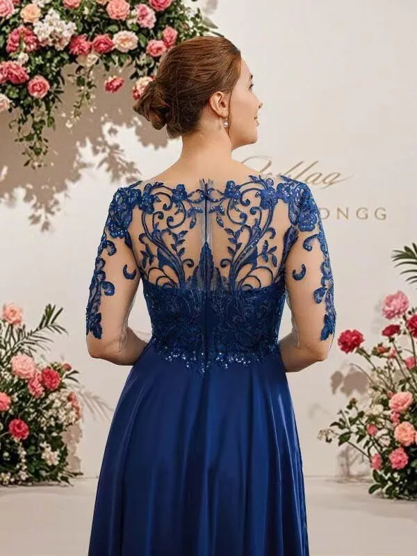 Tea Length Mother of The Bride Dresses for Wedding Lace Applique Half Sleeve Chiffon Formal Evening Party Gown