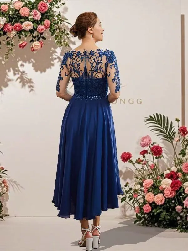 Tea Length Mother of The Bride Dresses for Wedding Lace Applique Half Sleeve Chiffon Formal Evening Party Gown