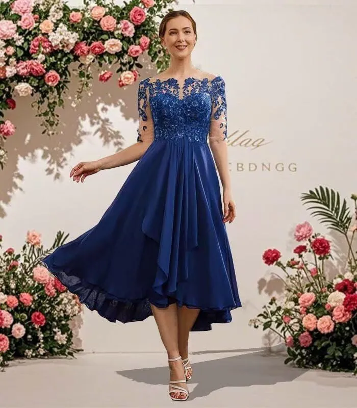 Tea Length Mother of The Bride Dresses for Wedding Lace Applique Half Sleeve Chiffon Formal Evening Party Gown