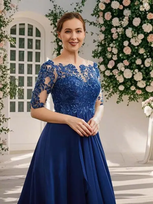 Tea Length Mother of The Bride Dresses for Wedding Lace Applique Half Sleeve Chiffon Formal Evening Party Gown