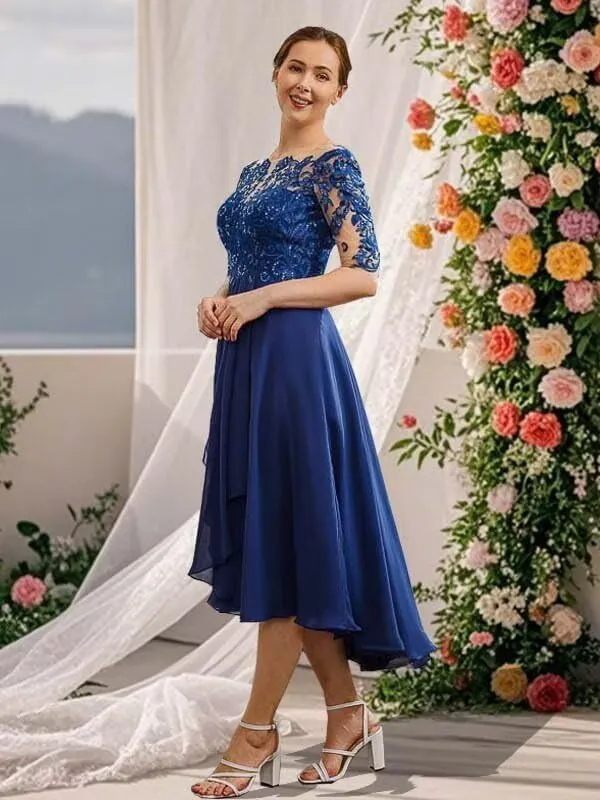 Tea Length Mother of The Bride Dresses for Wedding Lace Applique Half Sleeve Chiffon Formal Evening Party Gown