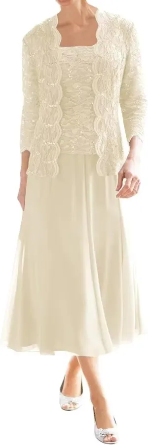 Tea Length Mother of The Bride Dresses with Jacket 2 Piece Foemal Wedding Guest Dresses Chiffon Lace Evening Gowns