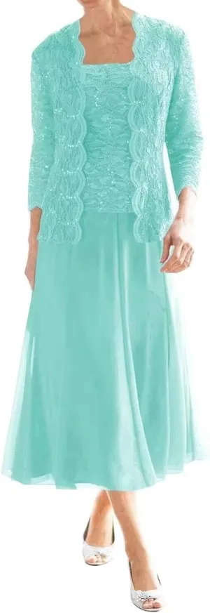 Tea Length Mother of The Bride Dresses with Jacket 2 Piece Foemal Wedding Guest Dresses Chiffon Lace Evening Gowns