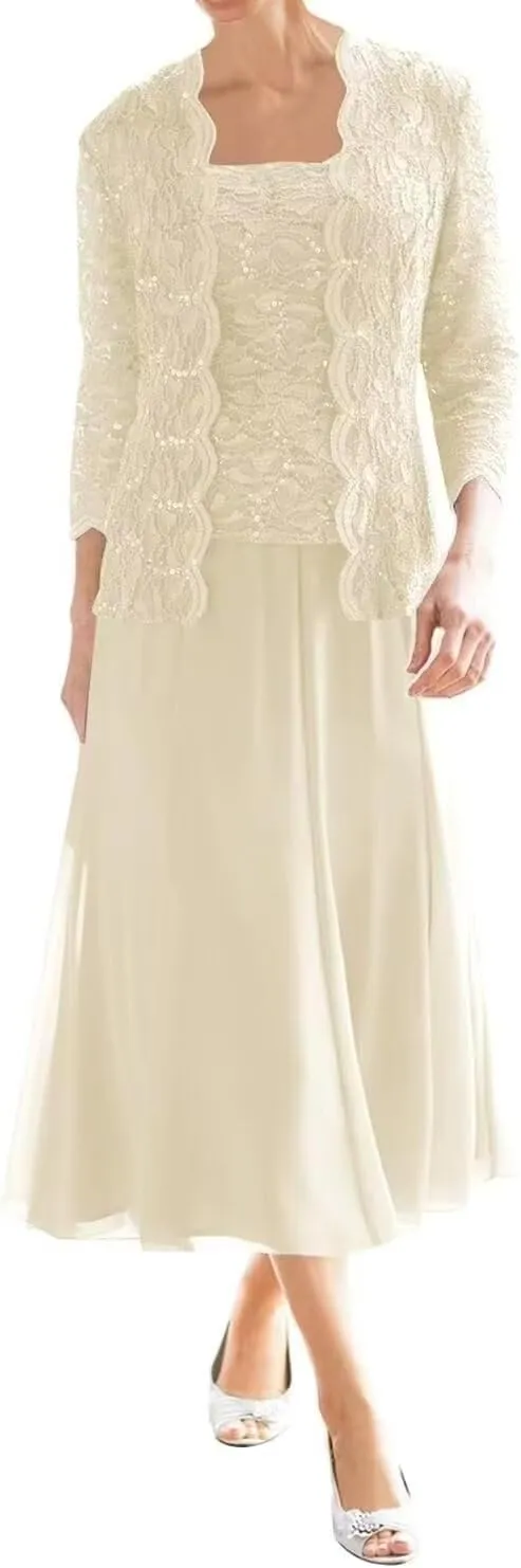 Tea Length Mother of The Bride Dresses with Jacket 2 Piece Foemal Wedding Guest Dresses Chiffon Lace Evening Gowns
