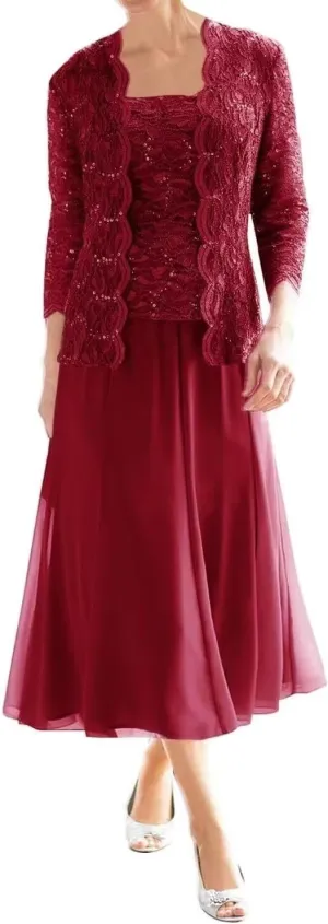 Tea Length Mother of The Bride Dresses with Jacket 2 Piece Foemal Wedding Guest Dresses Chiffon Lace Evening Gowns