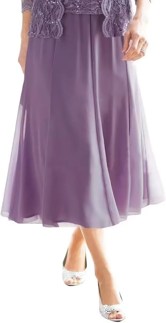 Tea Length Mother of The Bride Dresses with Jacket 2 Piece Foemal Wedding Guest Dresses Chiffon Lace Evening Gowns