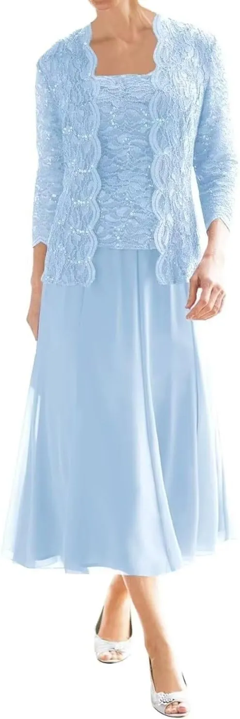 Tea Length Mother of The Bride Dresses with Jacket 2 Piece Foemal Wedding Guest Dresses Chiffon Lace Evening Gowns