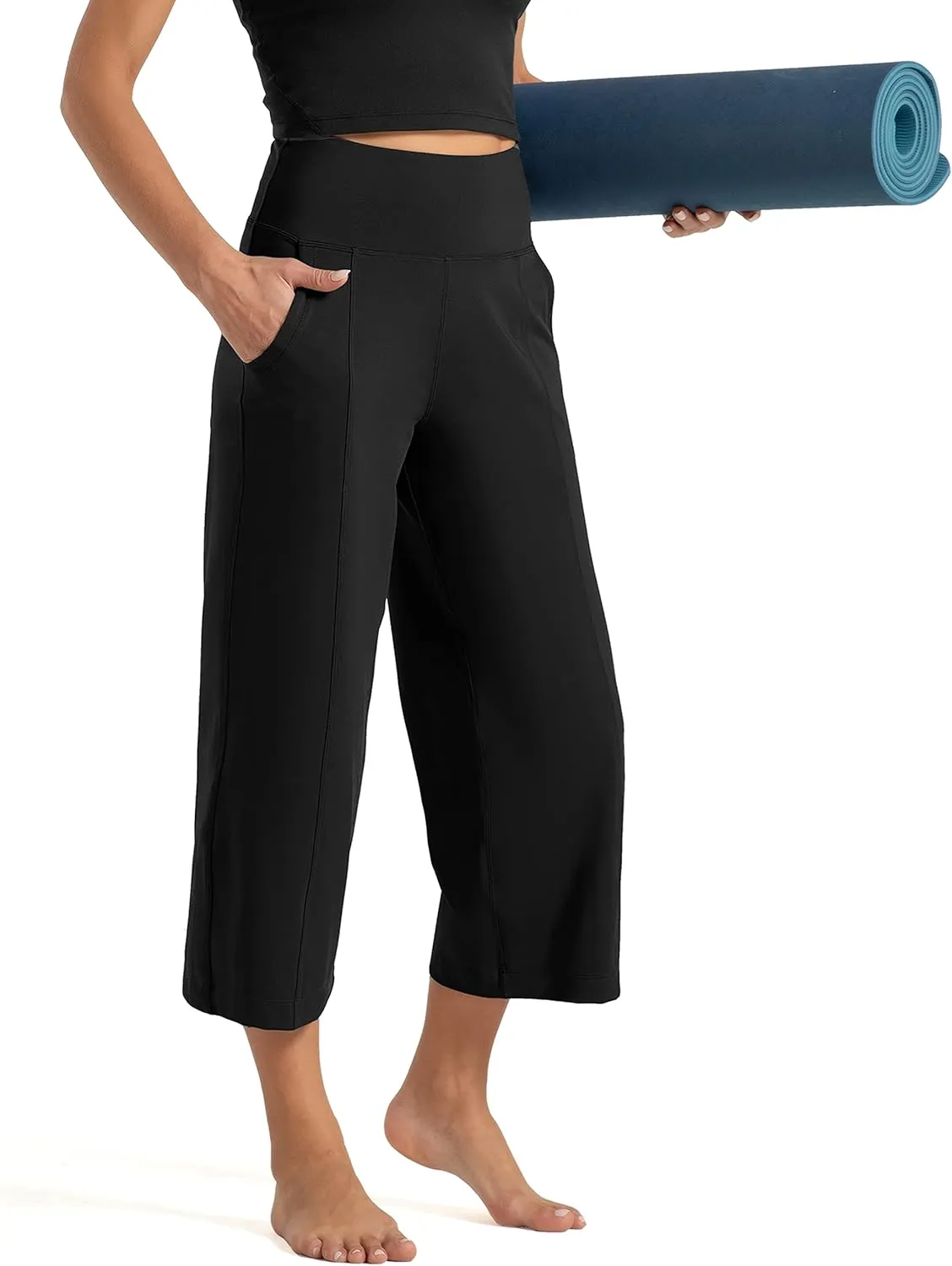 Tmustobe Womens Lounge Yoga Capris Pants Bootleg Tummy Control High Waist Workout Flare Crop Pants with Pockets