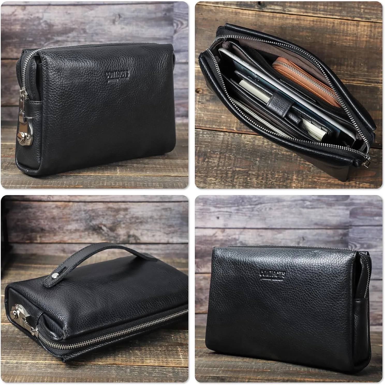 Top Grain Genuine Leather Handbag Wallet for Man & Woman, Handmade Retro Design, Combination Lock & Retractable Hand Strap & Multi Pockets/Slots, Portable RFID for Cards/Checks/Phone/Banknote, Black