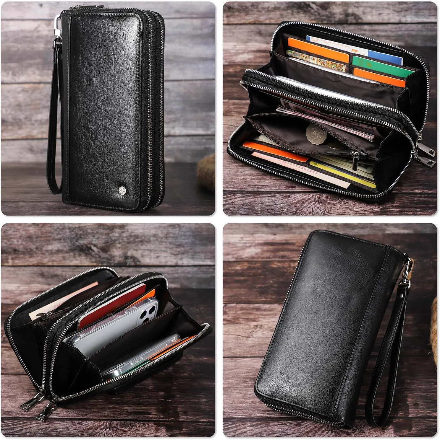 Top Grain Genuine Leather Handheld Purse Wallet for Man & Woman, Classic Vintage Design, Fully Handmade, 2 Zipper Pockets & Multiple Slots, RFID Large Capacity for Daily/Business/Traveling/Gift, Black