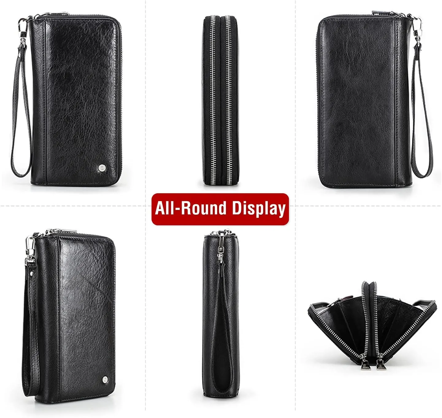 Top Grain Genuine Leather Handheld Purse Wallet for Man & Woman, Classic Vintage Design, Fully Handmade, 2 Zipper Pockets & Multiple Slots, RFID Large Capacity for Daily/Business/Traveling/Gift, Black