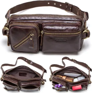 Top Grain Genuine Leather Slim Fanny Pack for Man & Woman, Vintage Design & 5 Zipper Pockets & Adjustable Strap, Handmade, Large Capacity Waist Pack Crossbody Belt Bag for Travel or Ride, Dark Coffee