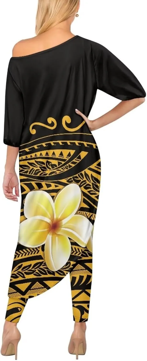 Traditional Polynesia Samoa Women's Off The Shoulder Maxi Top Casual Irregular Hem T Shirt Stretchy Pant Sets