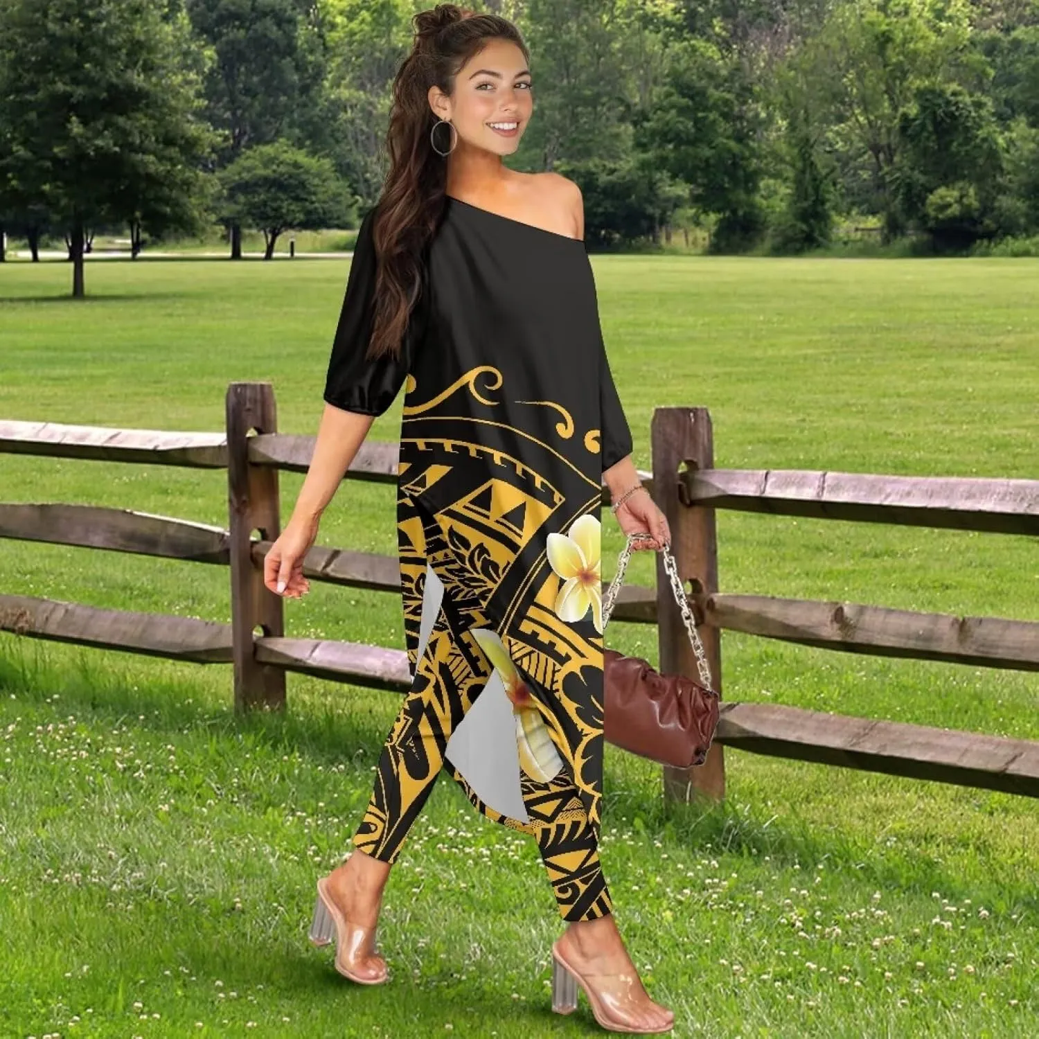 Traditional Polynesia Samoa Women's Off The Shoulder Maxi Top Casual Irregular Hem T Shirt Stretchy Pant Sets