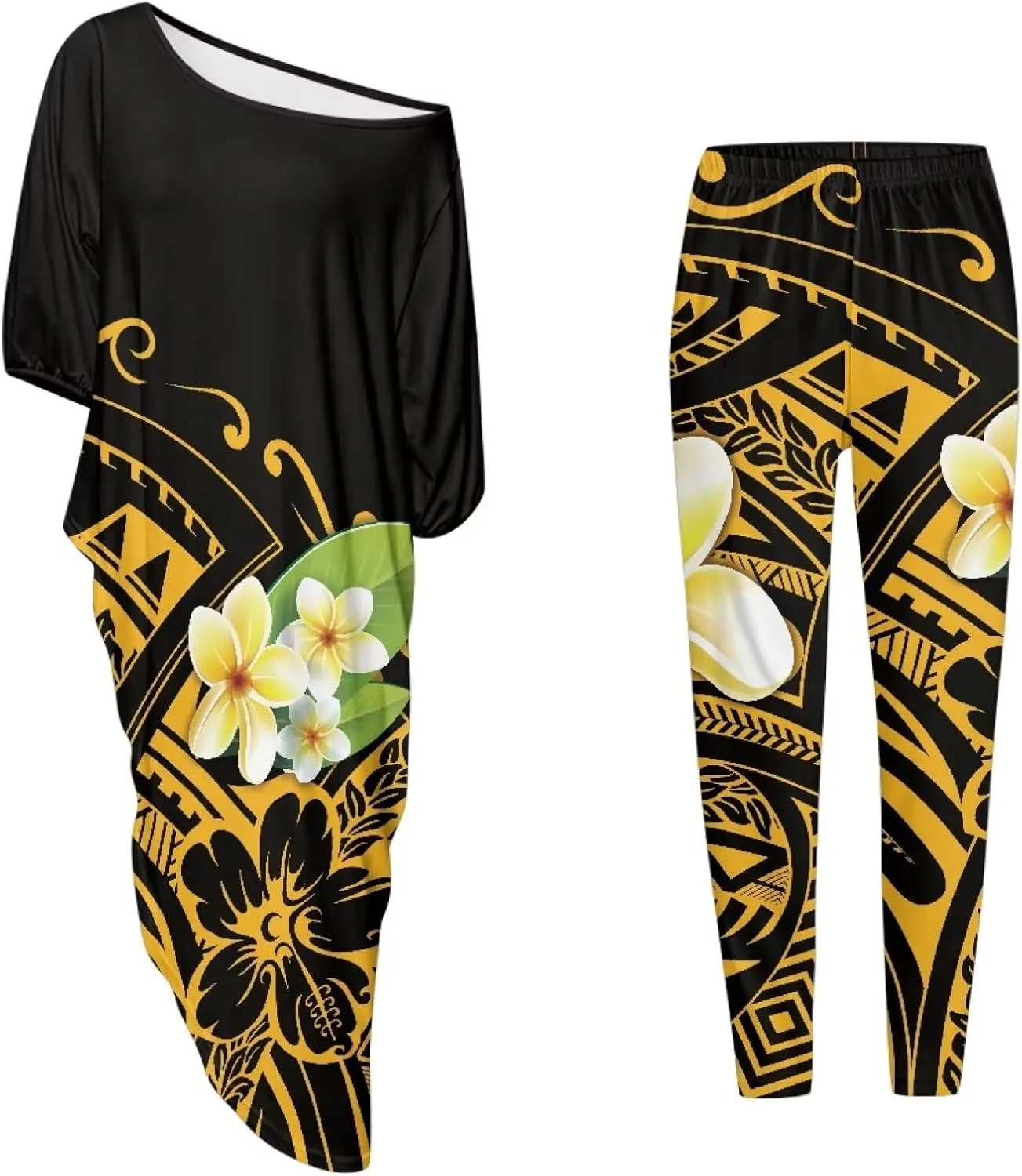 Traditional Polynesia Samoa Women's Off The Shoulder Maxi Top Casual Irregular Hem T Shirt Stretchy Pant Sets