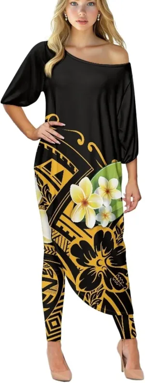 Traditional Polynesia Samoa Women's Off The Shoulder Maxi Top Casual Irregular Hem T Shirt Stretchy Pant Sets
