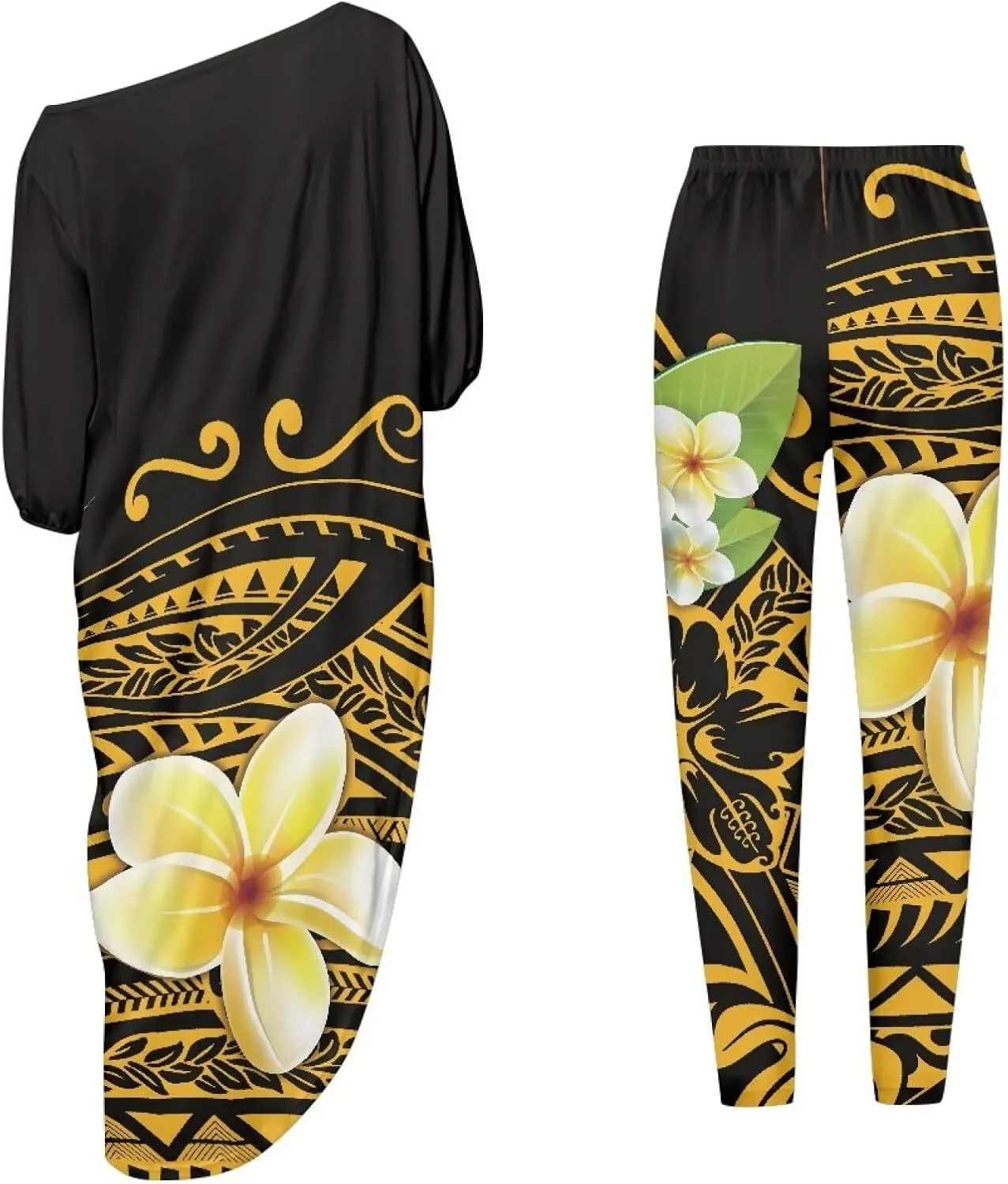 Traditional Polynesia Samoa Women's Off The Shoulder Maxi Top Casual Irregular Hem T Shirt Stretchy Pant Sets