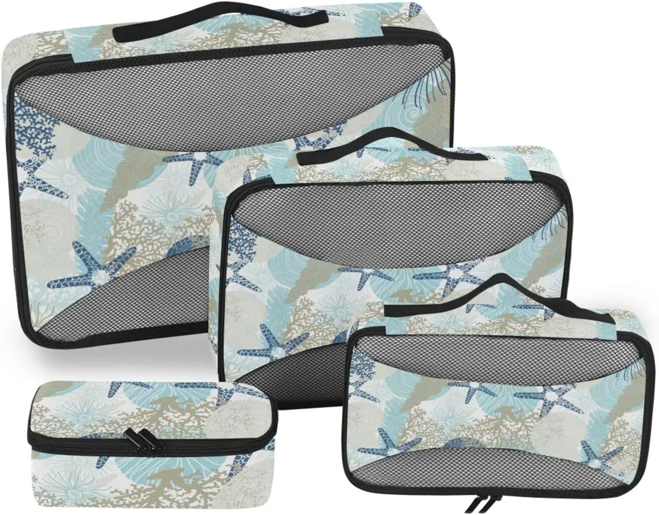 Travel Packing Organizers Set of 4 Suitcase Organizer Bags Suitcase Cubes for Packing Paxking Cubes Algae Corals and Seashells