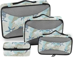 Travel Packing Organizers Set of 4 Suitcase Organizer Bags Suitcase Cubes for Packing Paxking Cubes Algae Corals and Seashells
