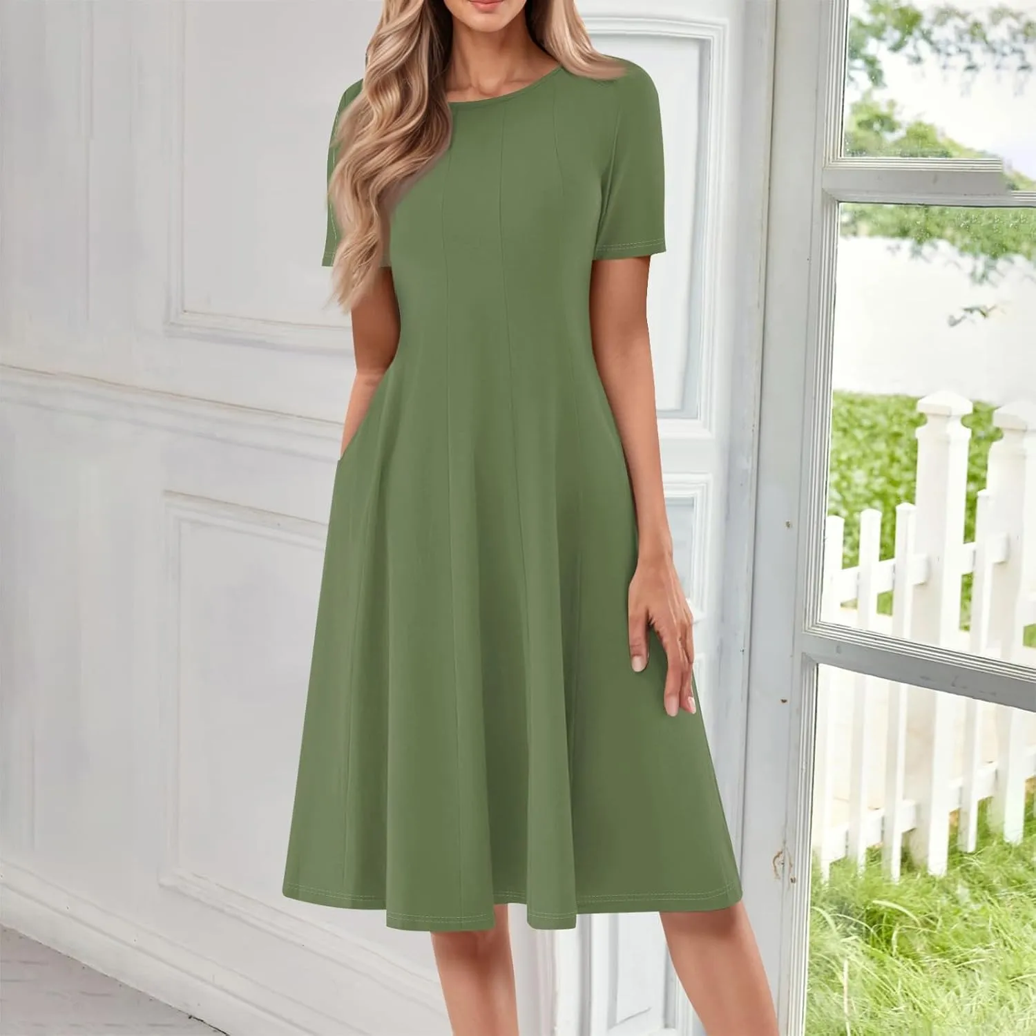 TWGONE Women's Fit and Flare Dress Summer Short Sleeve Casual Elegant Vintage Floral A-Line Midi Dresses with Pockets