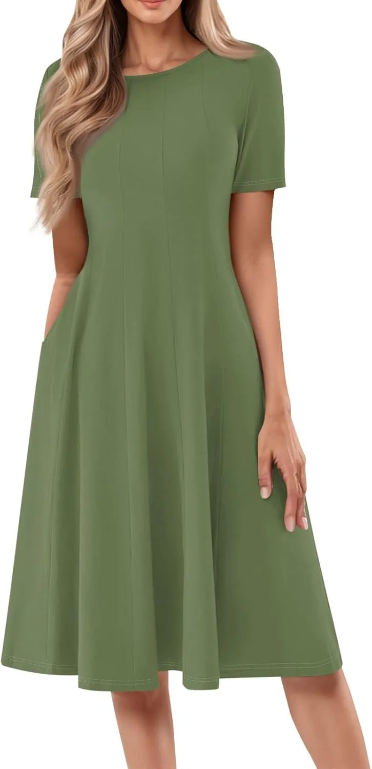 TWGONE Women's Fit and Flare Dress Summer Short Sleeve Casual Elegant Vintage Floral A-Line Midi Dresses with Pockets