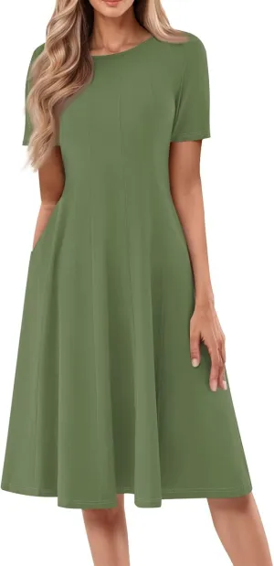 TWGONE Women's Fit and Flare Dress Summer Short Sleeve Casual Elegant Vintage Floral A-Line Midi Dresses with Pockets
