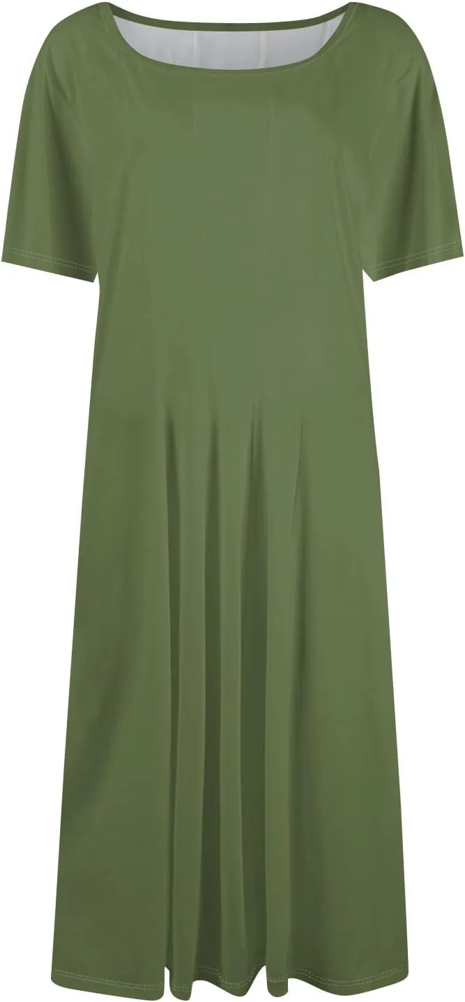 TWGONE Women's Fit and Flare Dress Summer Short Sleeve Casual Elegant Vintage Floral A-Line Midi Dresses with Pockets