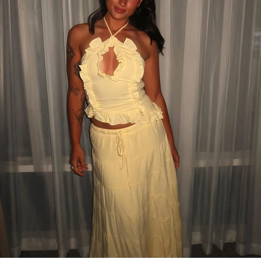 Two Piece Maxi Skirt Sets for Women Y2k Backless Halter Tank Top Tiered Flowy Long Skirt Boho Vacation Outfits