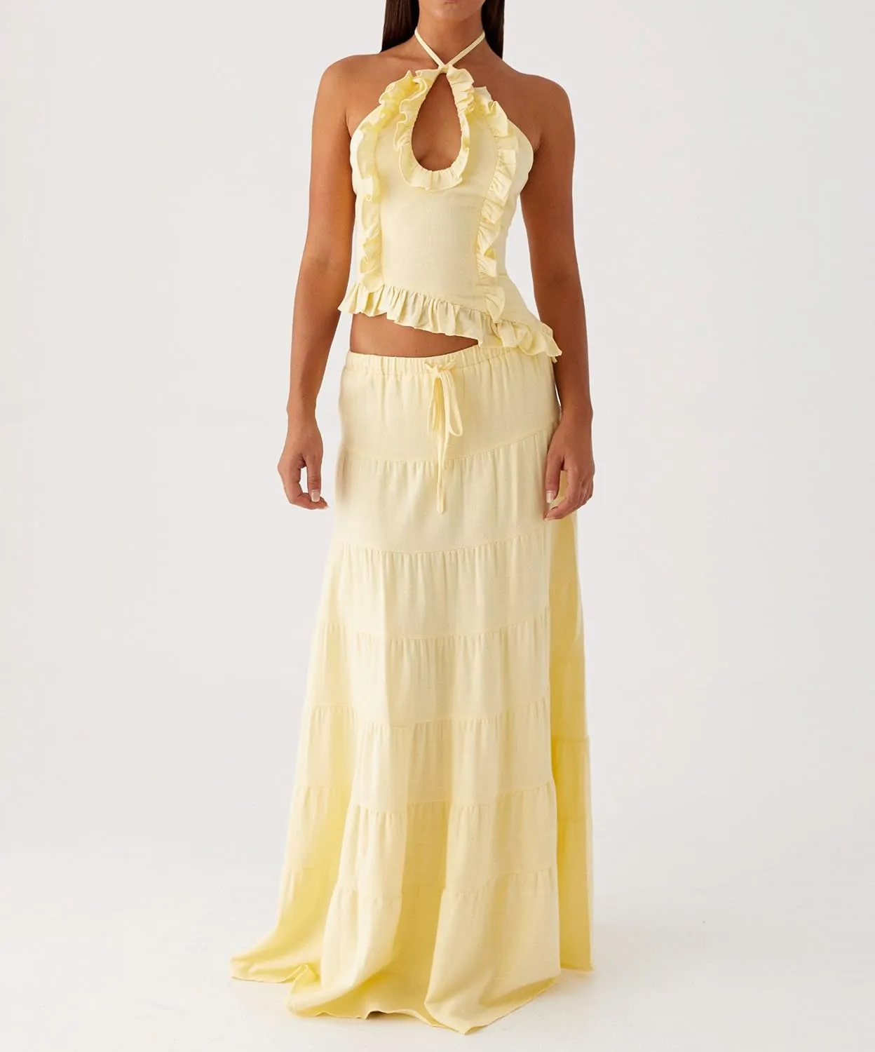 Two Piece Maxi Skirt Sets for Women Y2k Backless Halter Tank Top Tiered Flowy Long Skirt Boho Vacation Outfits