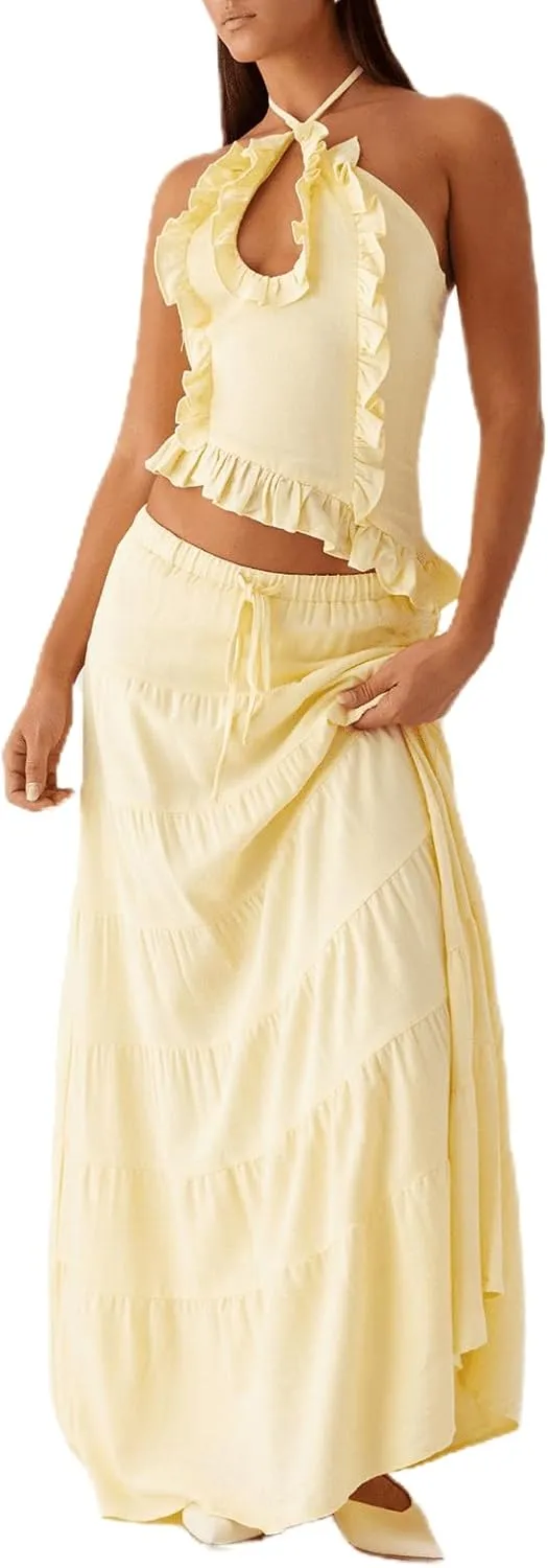 Two Piece Maxi Skirt Sets for Women Y2k Backless Halter Tank Top Tiered Flowy Long Skirt Boho Vacation Outfits