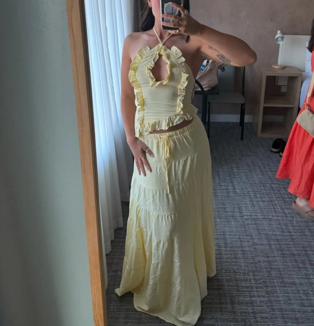 Two Piece Maxi Skirt Sets for Women Y2k Backless Halter Tank Top Tiered Flowy Long Skirt Boho Vacation Outfits