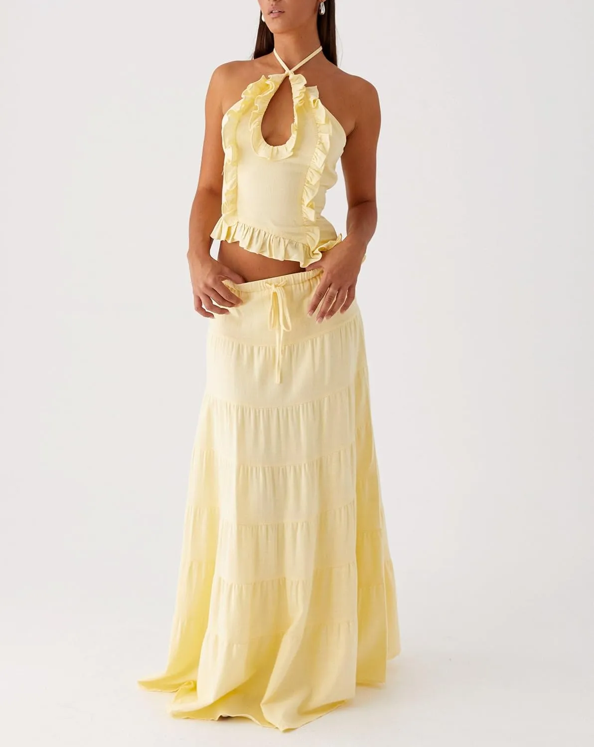 Two Piece Maxi Skirt Sets for Women Y2k Backless Halter Tank Top Tiered Flowy Long Skirt Boho Vacation Outfits