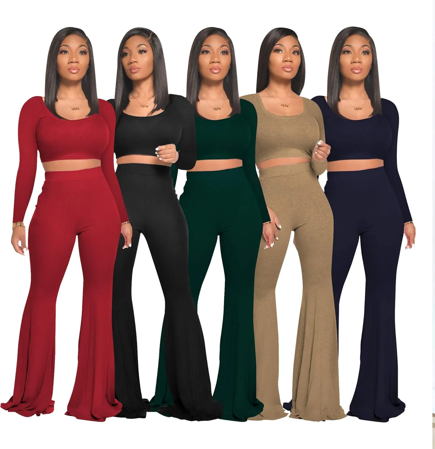 Two Piece Outfits for Women Sexy Crop Top   Flared Long Pants Sweat Suits Ribbed Fitted Tracksuits Yoga Set